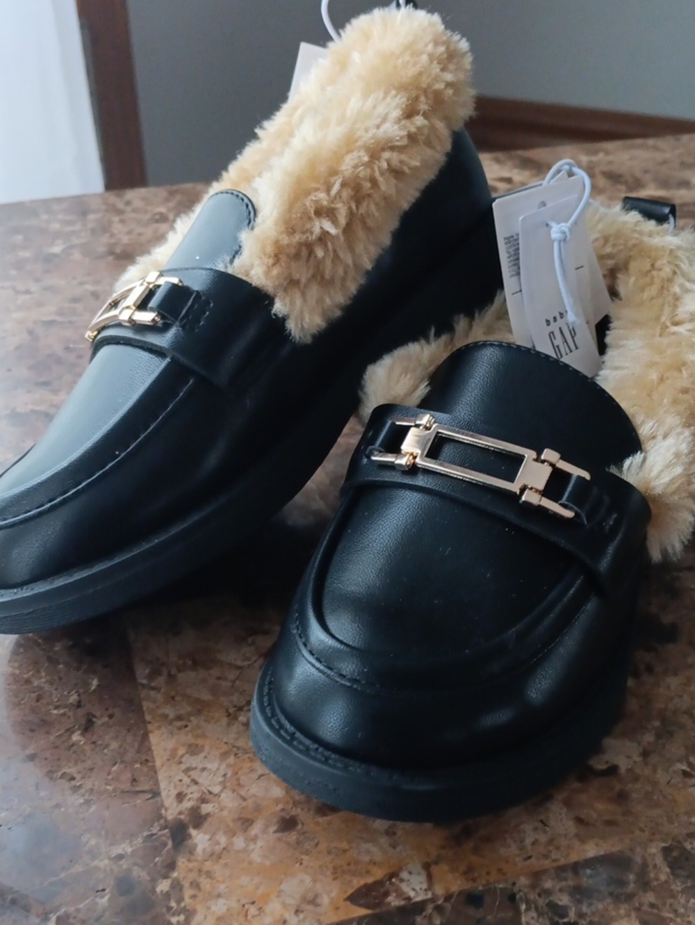GAP Black Faux-Leather Loafers with Beige Faux-Fur Trim and Gold Hardware